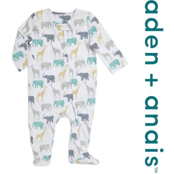 Aden and Anais | Elephants Muslin Footie Pajamas | Size 3-6m - Picture 1 of 8
